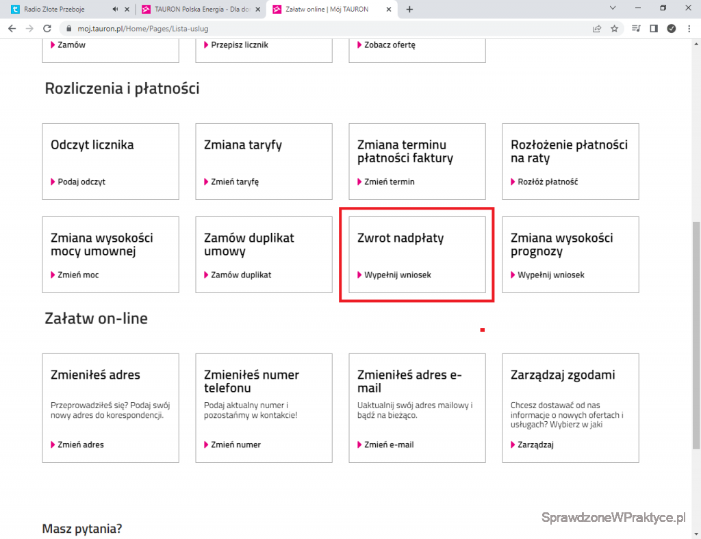 Zwrot nadpłaty Tauron
